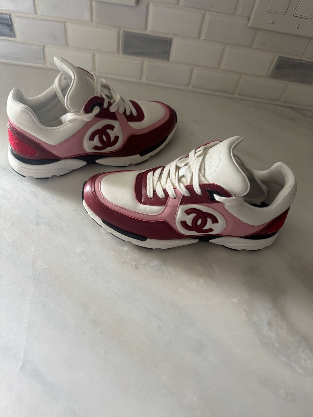 CHANEL White, Pink & Burgundy Low-Top Logo Sneakers